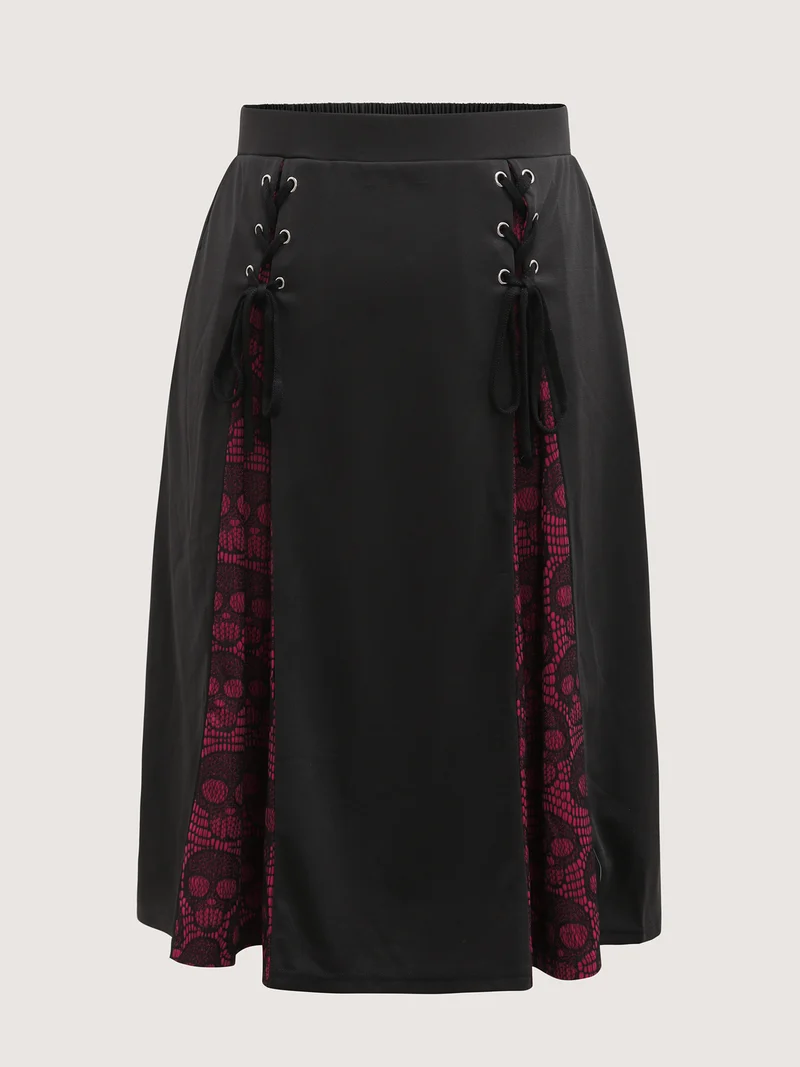 Skull Mesh Panel Cross-Tie Maxi Skirt
