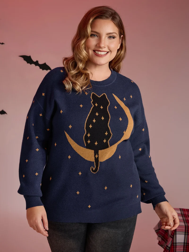 Supersoft Cat Night Print Crewneck Pullover