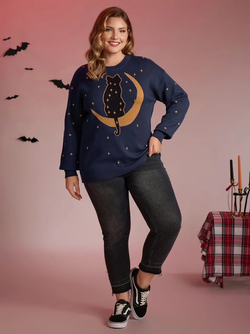 Supersoft Cat Night Print Crewneck Pullover