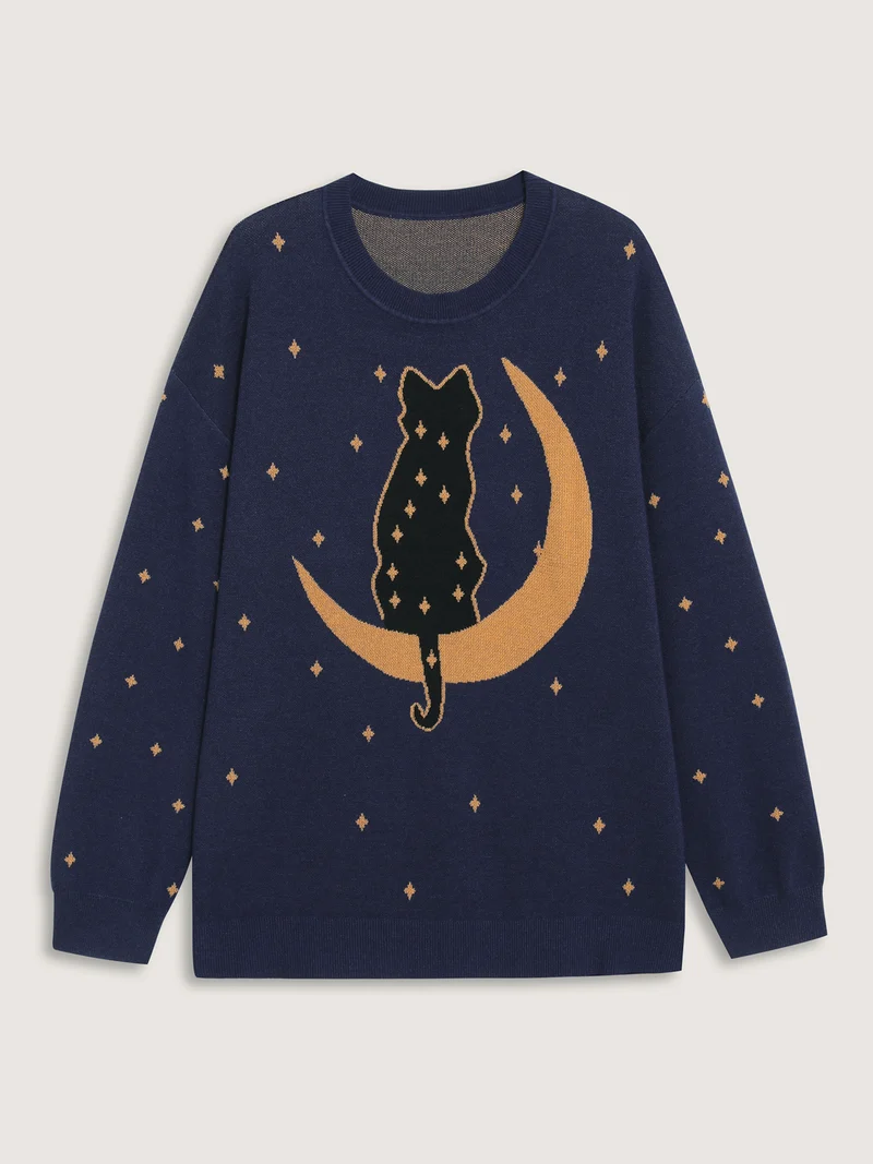 Supersoft Cat Night Print Crewneck Pullover