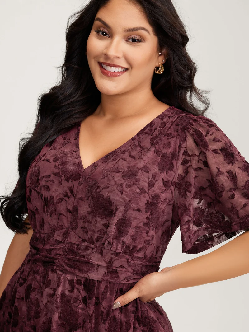 Velvet Jacquard Pleated Waist Sheer Midi Dress
