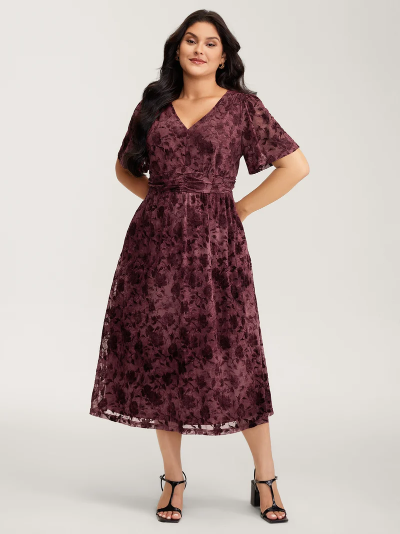 Velvet Jacquard Pleated Waist Sheer Midi Dress