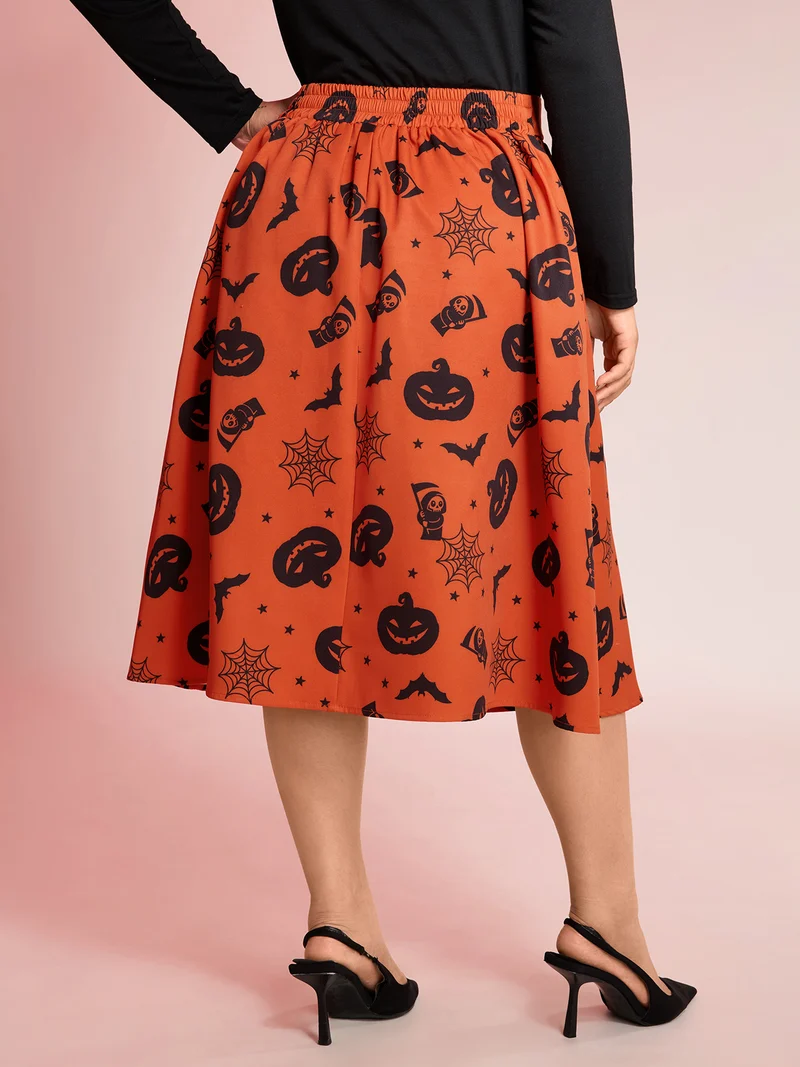Pumpkin Print Belted Maxi Skirt