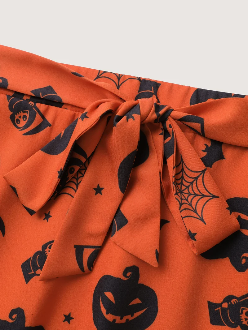 Pumpkin Print Belted Maxi Skirt