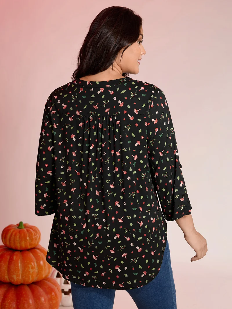 Mushroom Print Adjustable Sleeve Placket Blouse