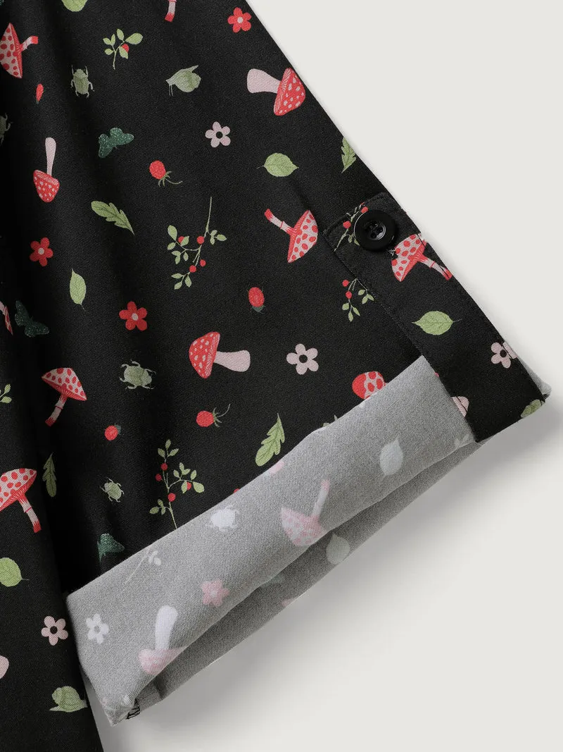 Mushroom Print Adjustable Sleeve Placket Blouse