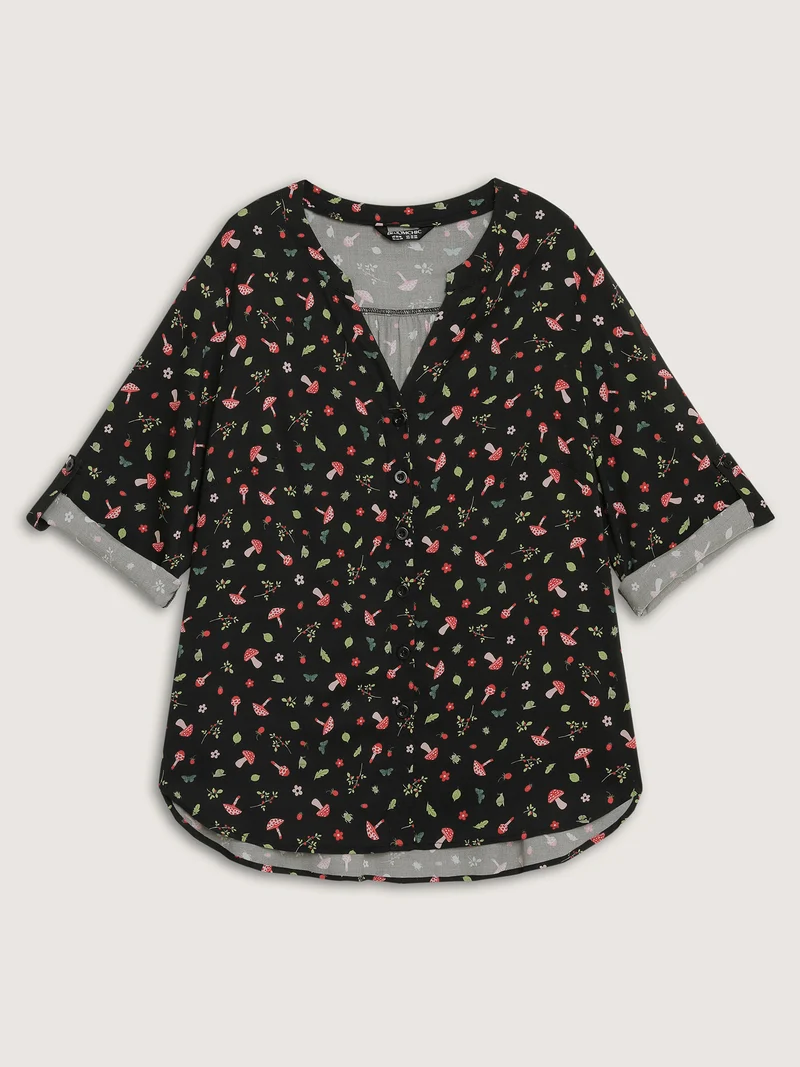 Mushroom Print Adjustable Sleeve Placket Blouse