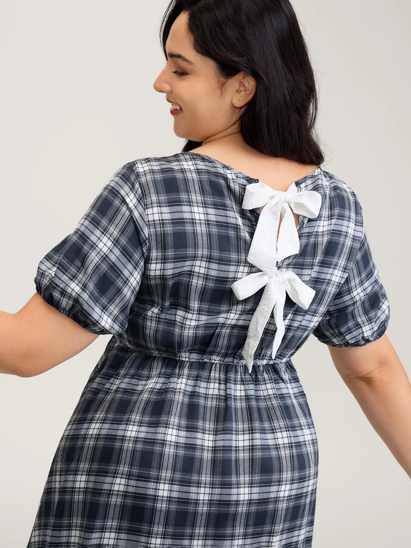Plaid Print Back Bowknots Contrast Midi Dress