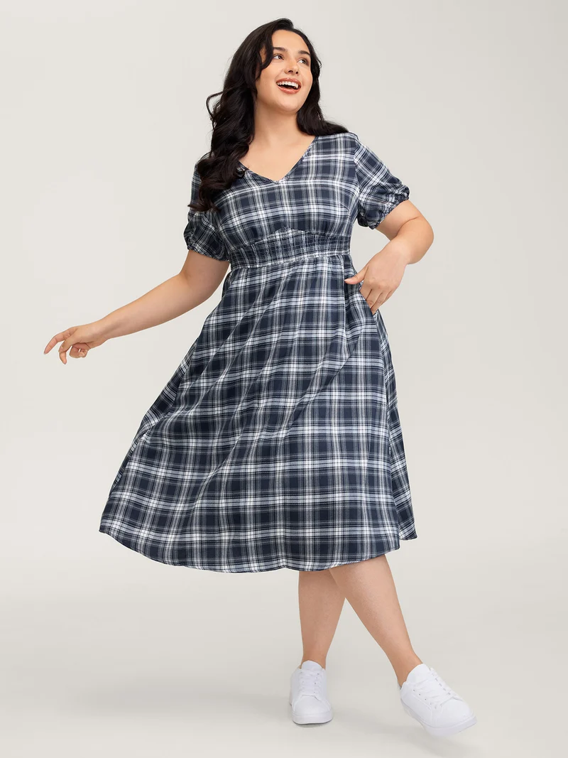 Plaid Print Back Bowknots Contrast Midi Dress