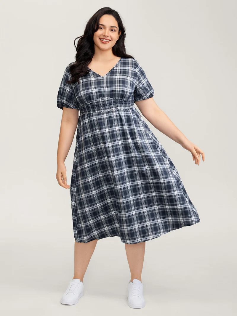 Plaid Print Back Bowknots Contrast Midi Dress