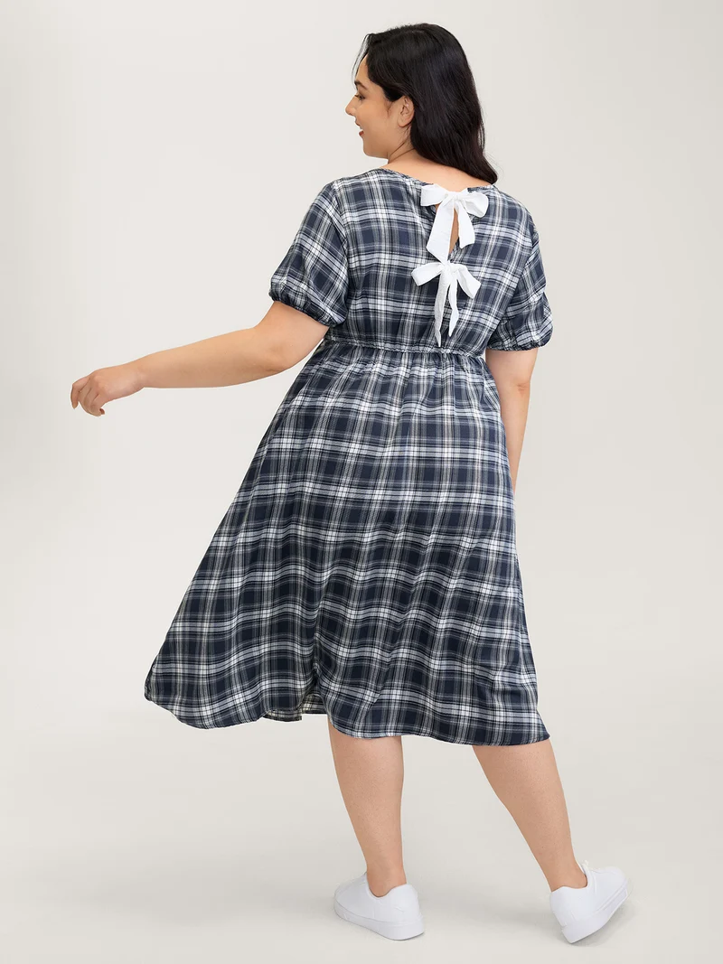 Plaid Print Back Bowknots Contrast Midi Dress