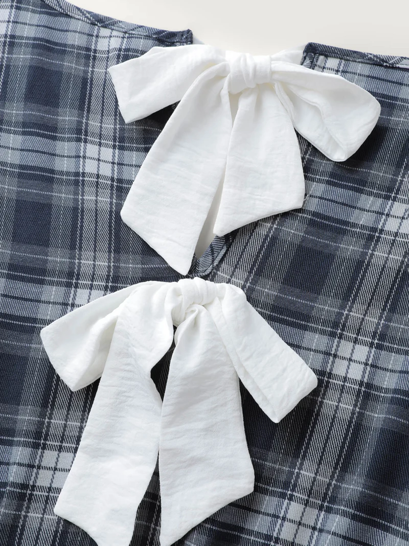 Plaid Print Back Bowknots Contrast Midi Dress