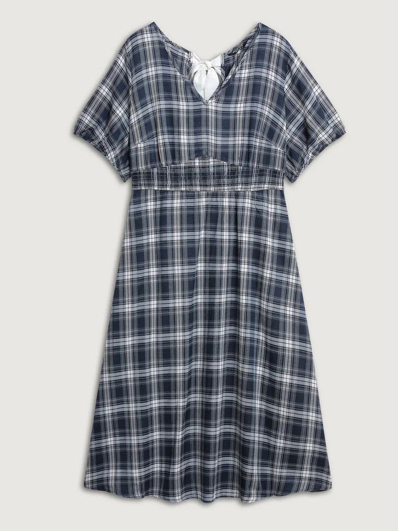 Plaid Print Back Bowknots Contrast Midi Dress