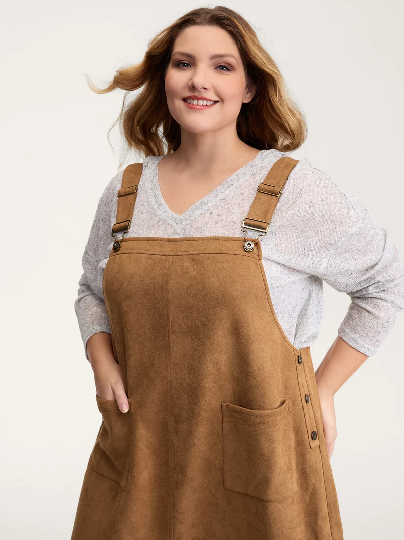 Suede Overall Adjustable Straps Midi Dress