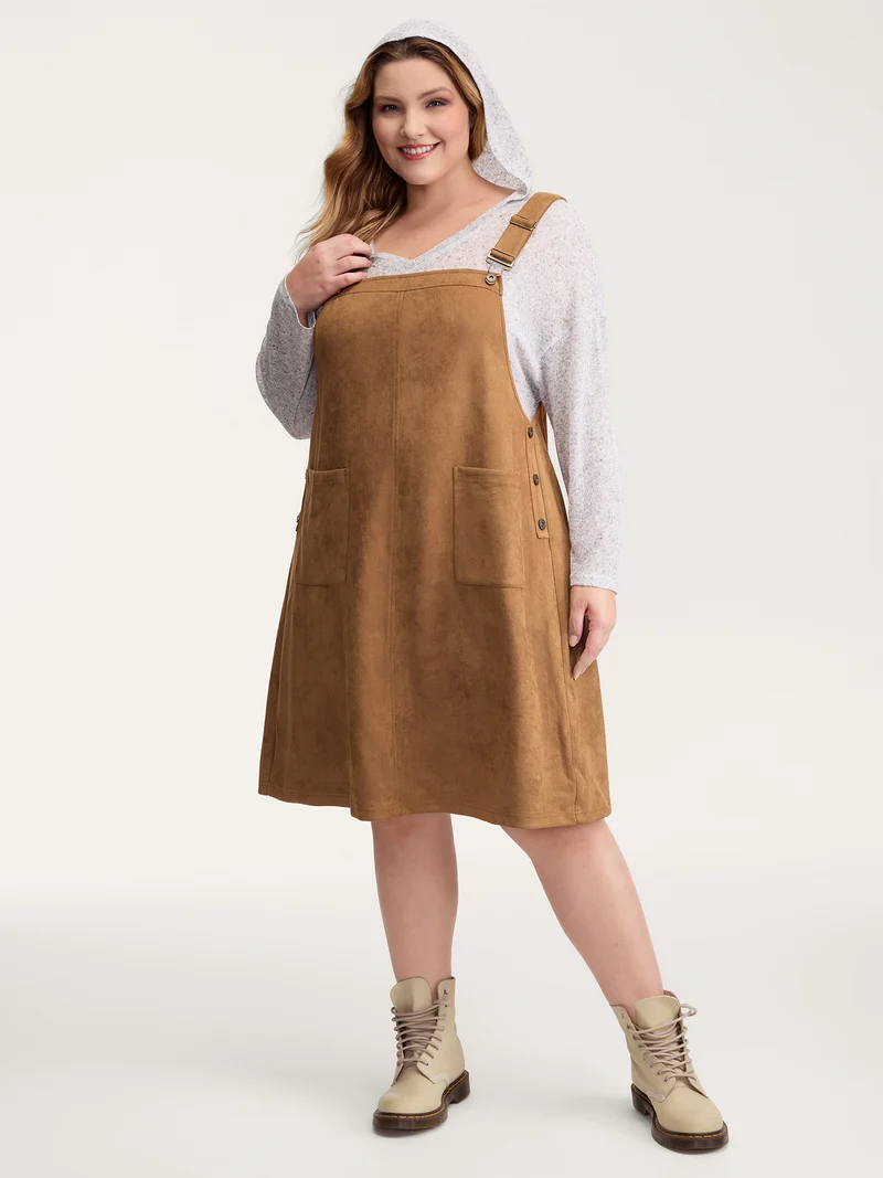 Suede Overall Adjustable Straps Midi Dress