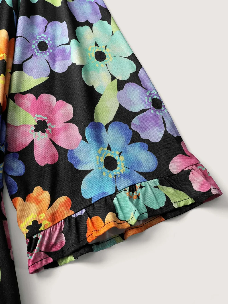 Floral Print Ruffled Drawstring Pockets Midi Dress