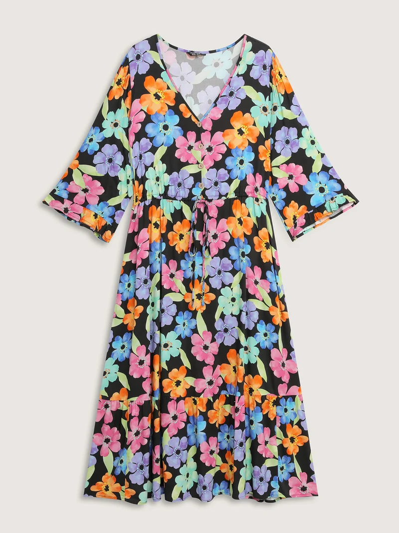 Floral Print Ruffled Drawstring Pockets Midi Dress