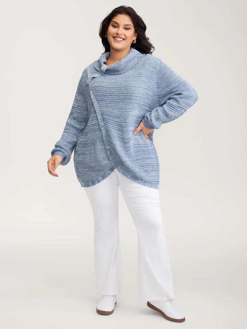 Turtleneck Wrap Adjustable Button Pullover