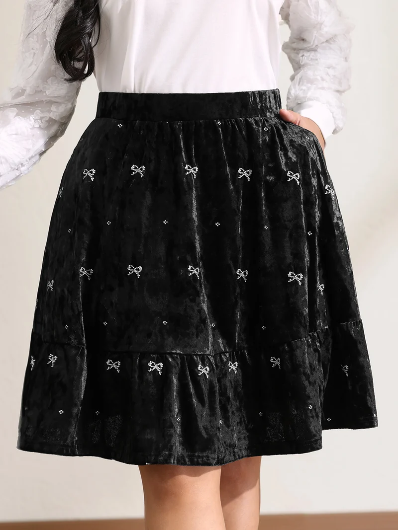 Velvet Bowknot Ruffled Mini Skirt