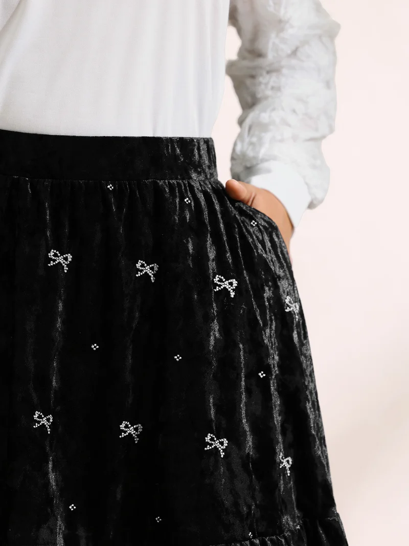 Velvet Bowknot Ruffled Mini Skirt
