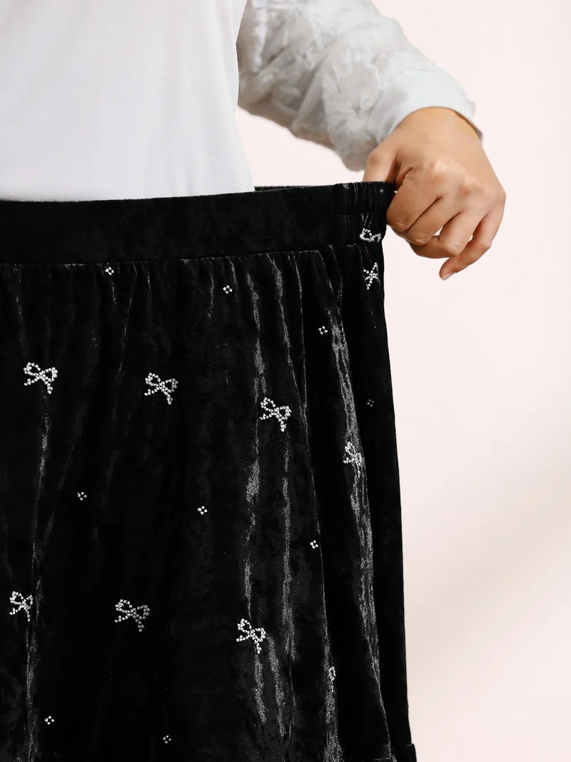 Velvet Bowknot Ruffled Mini Skirt