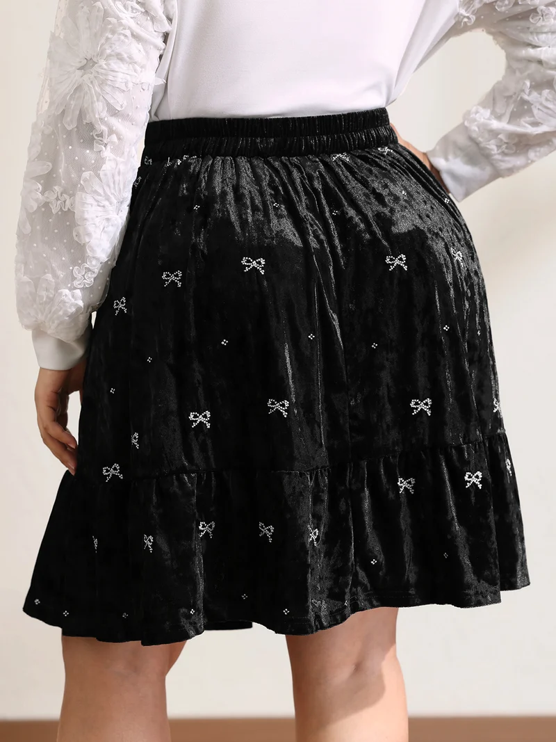 Velvet Bowknot Ruffled Mini Skirt