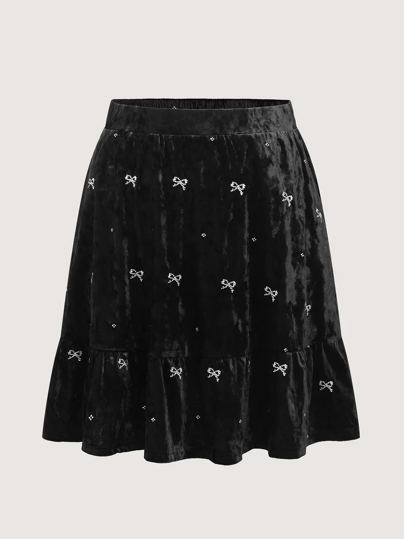 Velvet Bowknot Ruffled Mini Skirt