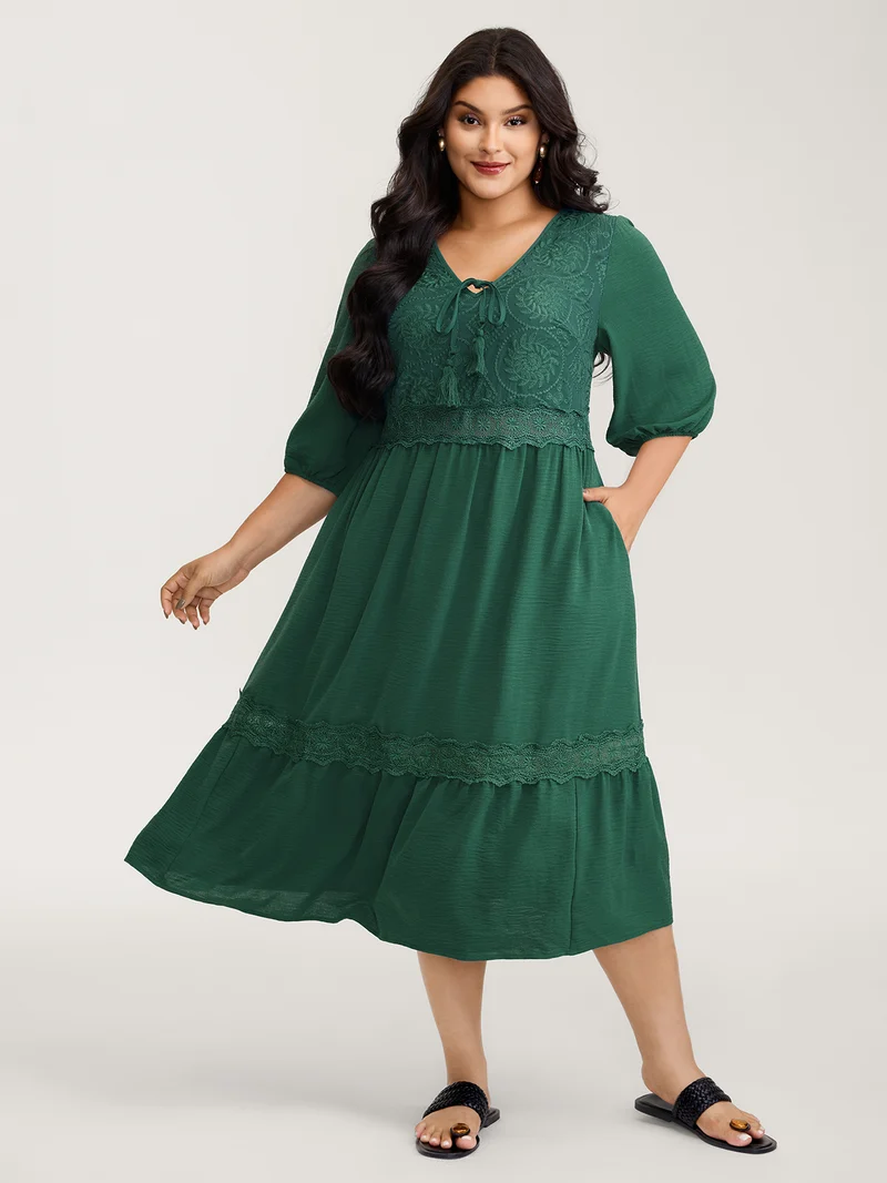 Embroidered Lace Trim Neck Drawstring Maxi Dress