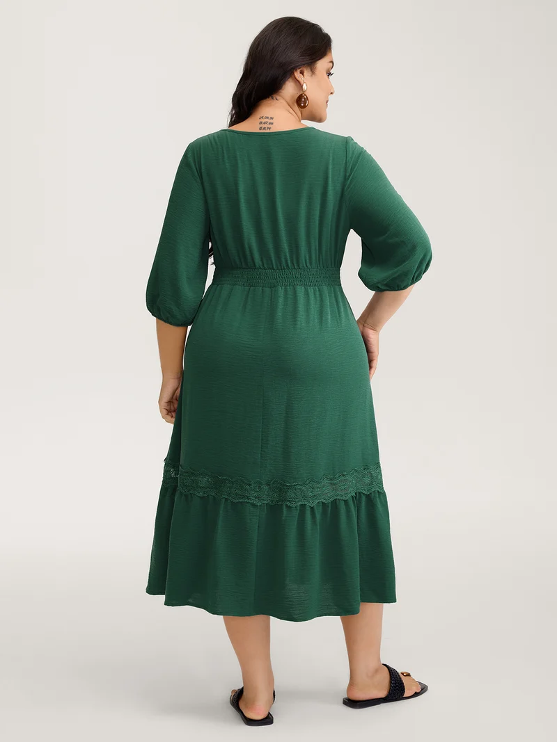 Embroidered Lace Trim Neck Drawstring Maxi Dress