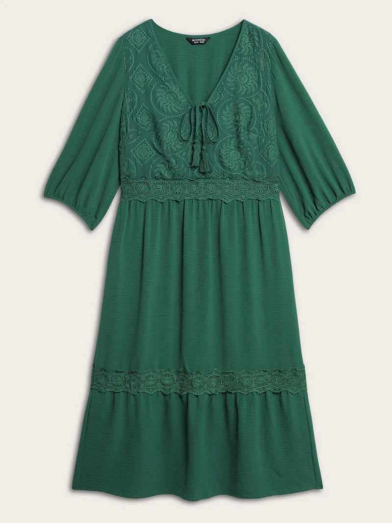 Embroidered Lace Trim Neck Drawstring Maxi Dress