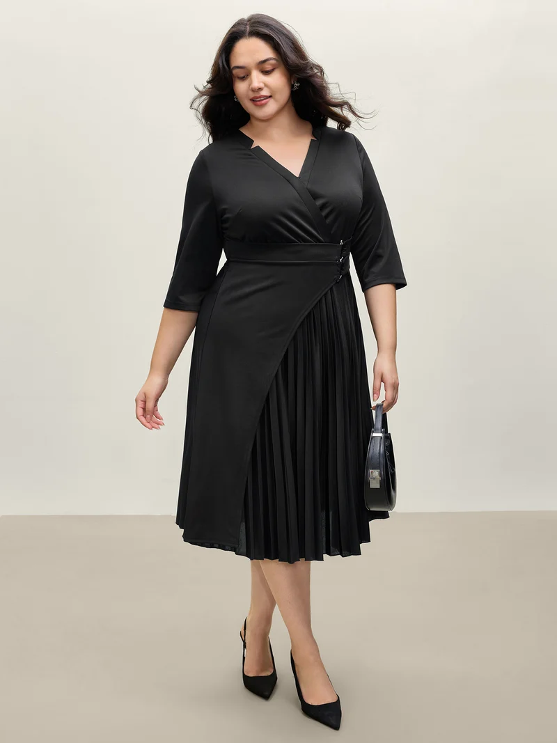 Metal Buckle Drape Pleated Midi Dress