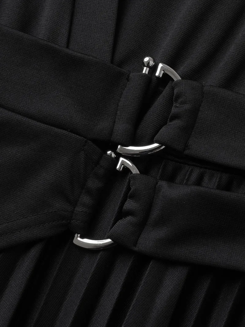 Metal Buckle Drape Pleated Midi Dress