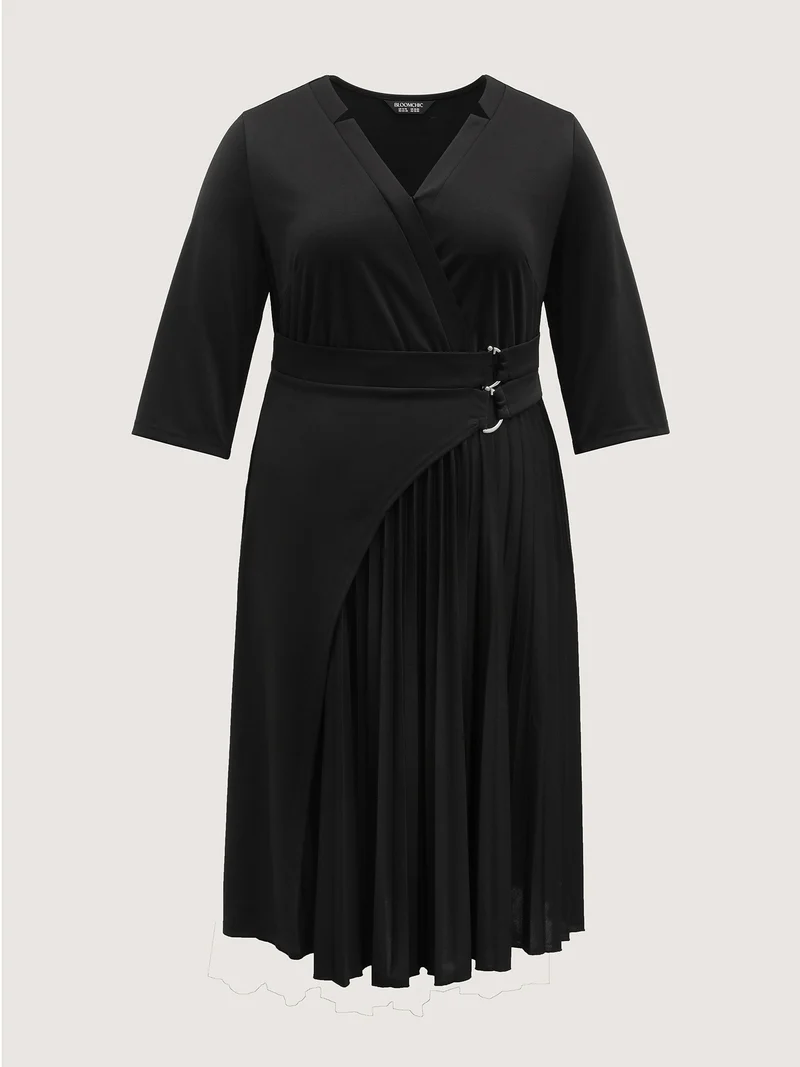 Metal Buckle Drape Pleated Midi Dress