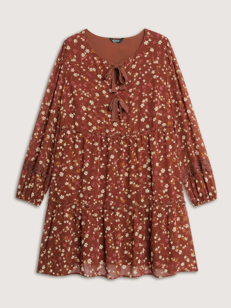 Bowknot Neckline Lace Trim Knee-Length Dress