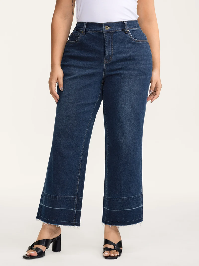 Stretch Frayed Hem Straight-Leg Jeans