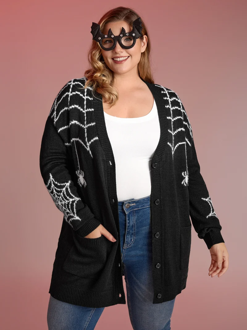 Spiderweb Jacquard Pockets Button Knit Cardigan