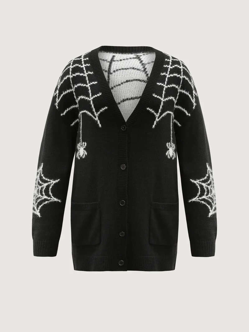 Spiderweb Jacquard Pockets Button Knit Cardigan