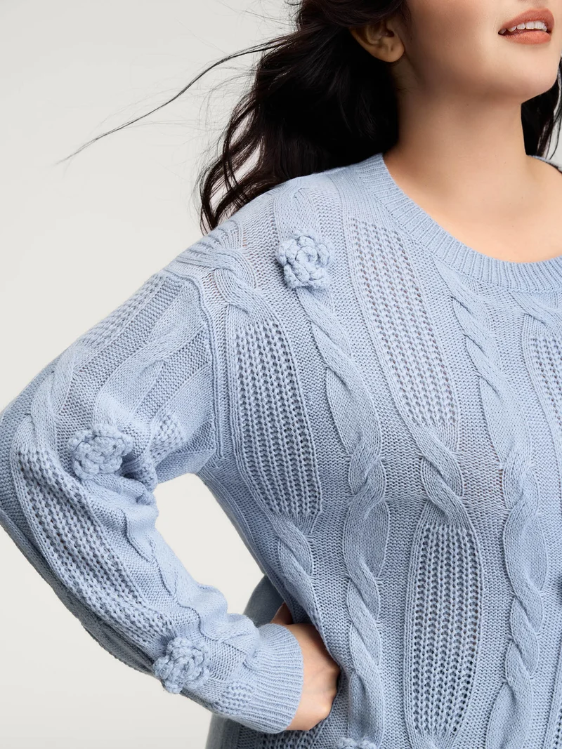 Twisted Texture Hand-Hooked Flowers Pullover