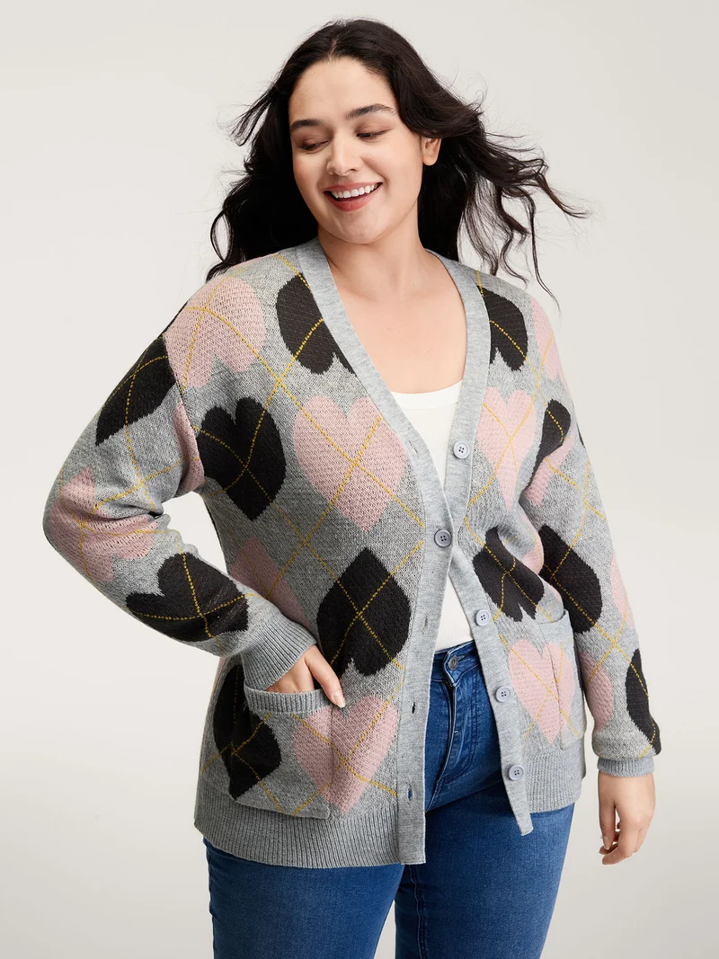Cozy Hearts Jacquard Pattern Pockets Knit Cardigan