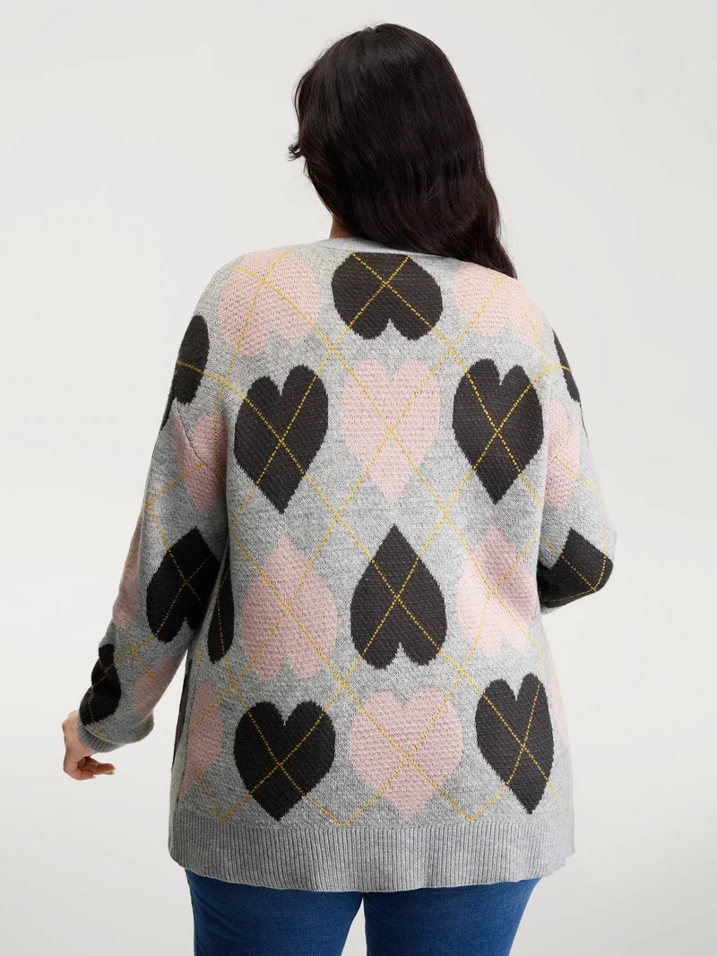 Cozy Hearts Jacquard Pattern Pockets Knit Cardigan