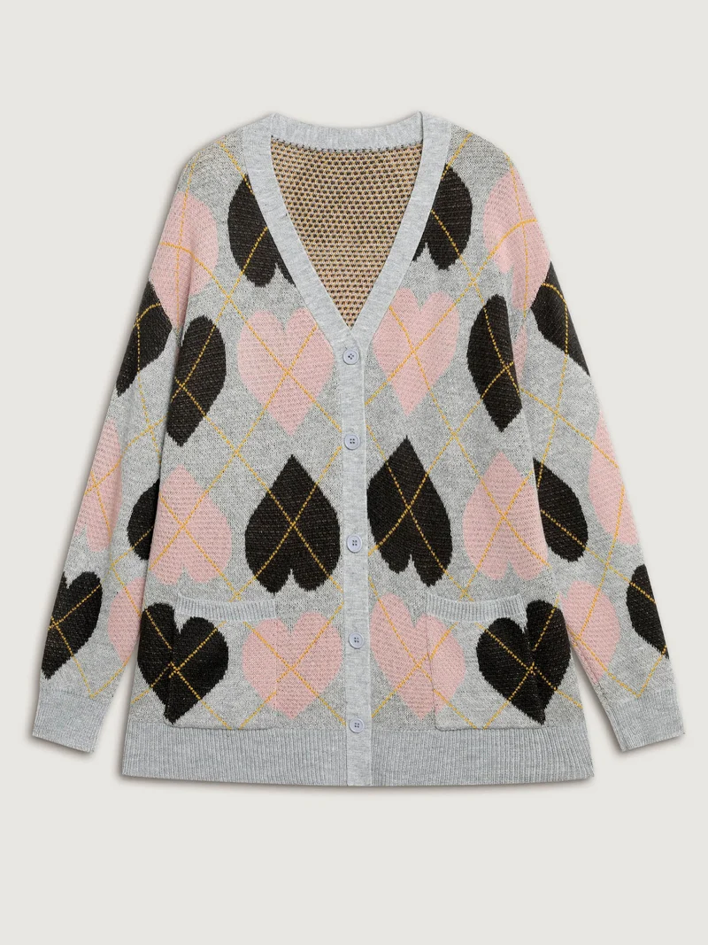 Cozy Hearts Jacquard Pattern Pockets Knit Cardigan