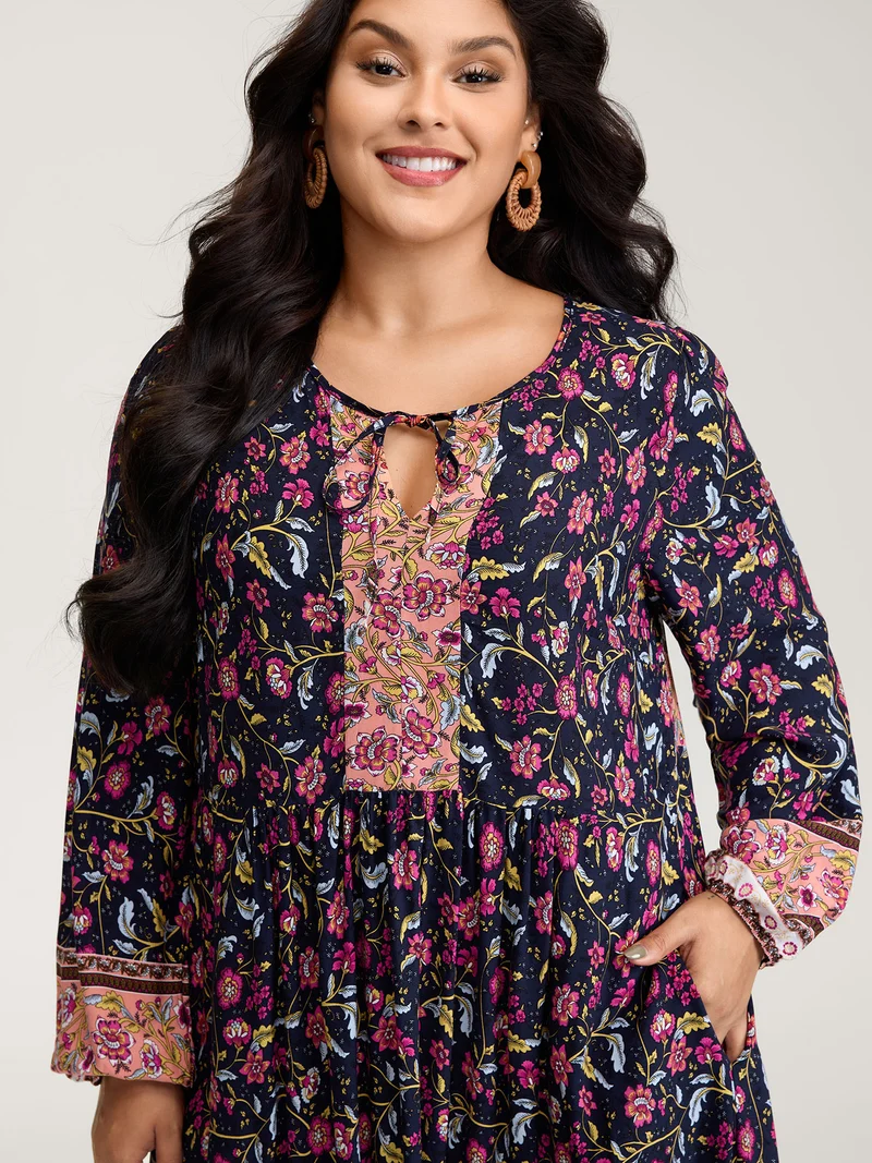 Floral Print Pockets Adjustable Neckline Maxi Dress