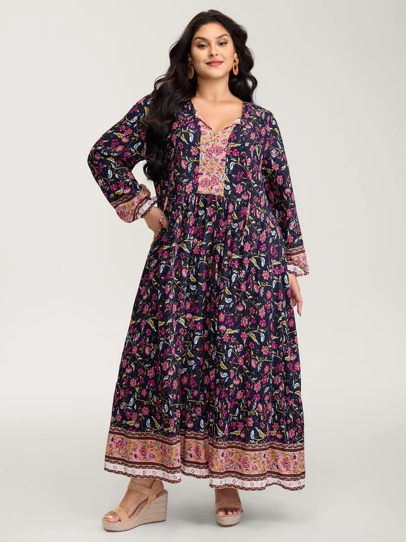 Floral Print Pockets Adjustable Neckline Maxi Dress