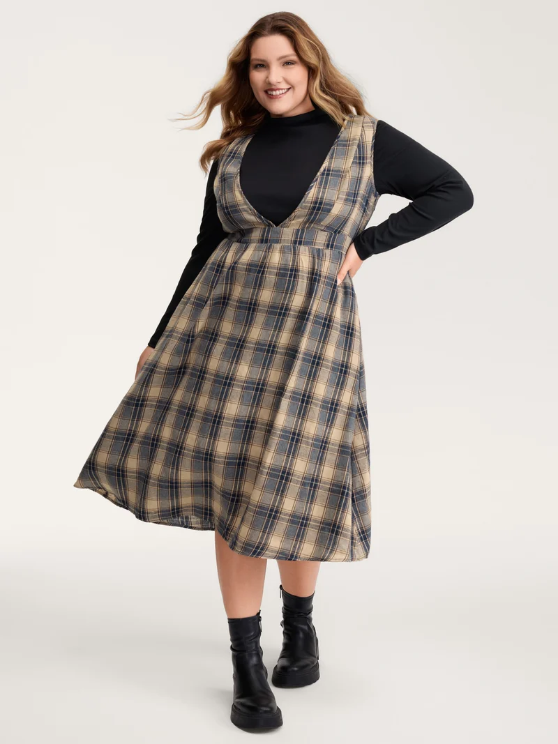 Plaid Pattern Deep V-Neckline Midi Dress