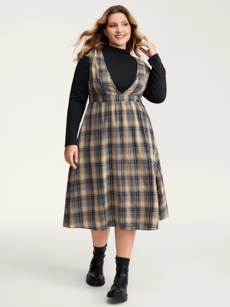 Plaid Pattern Deep V-Neckline Midi Dress