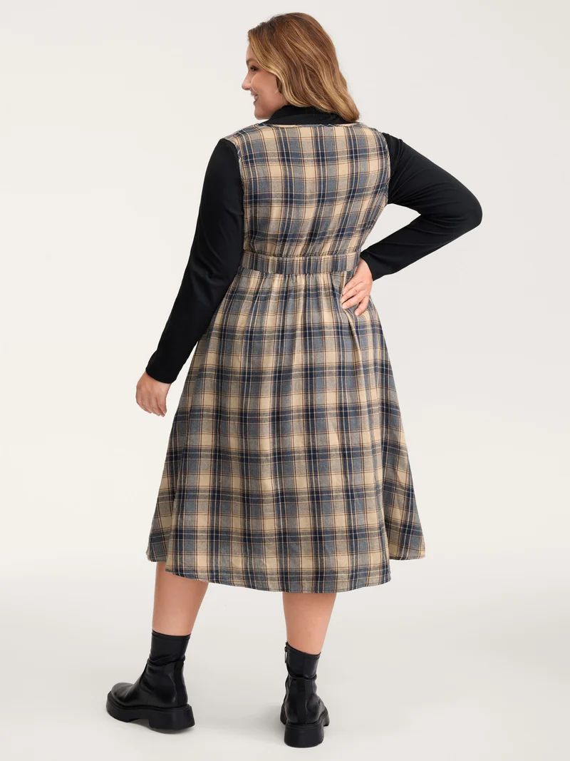 Plaid Pattern Deep V-Neckline Midi Dress