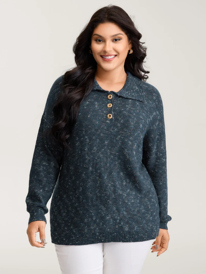 Heather Polo Collar Button Pullover