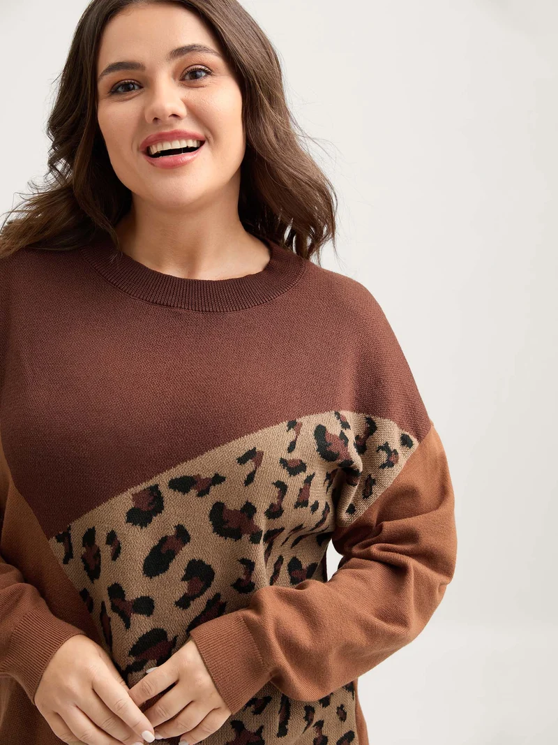 Leopard Jacquard Colorblock Pullover