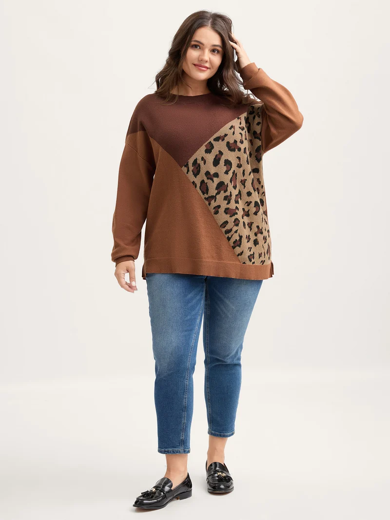 Leopard Jacquard Colorblock Pullover
