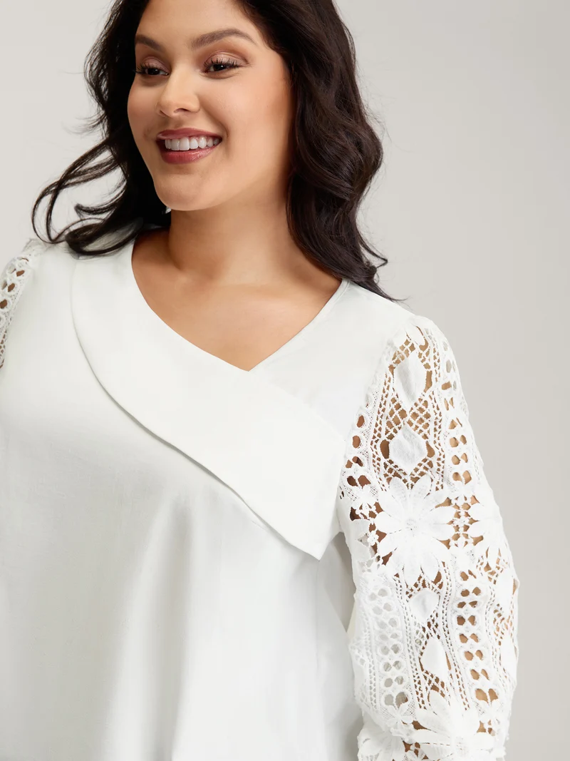 Sheer Lace Sleeve Asymmetrical Neckline Blouse